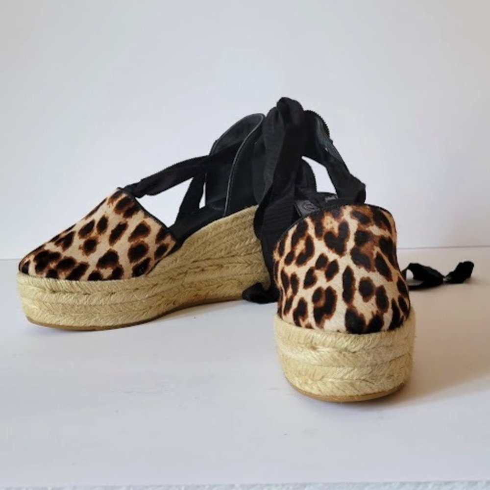 Tory Burch Calf Hair Animal Print Ankle Wrap Espadrille Wedge Sandals NWOB